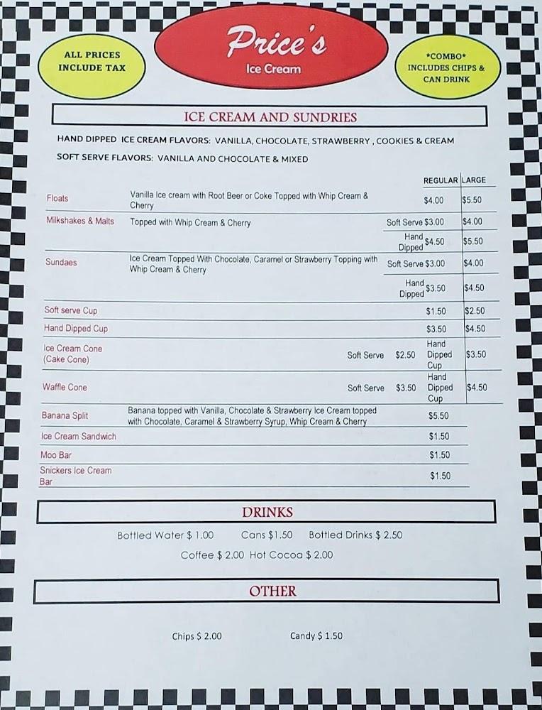 Price's Ice Cream Menu image 1